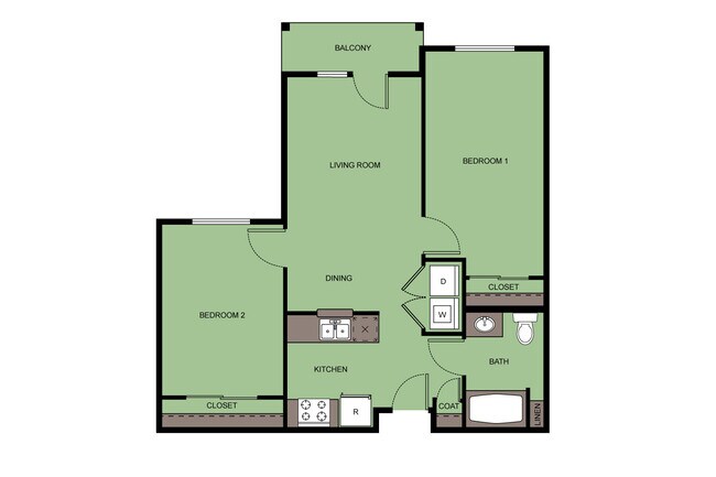 2 Bed 1 Bath  B3 133 floor plan